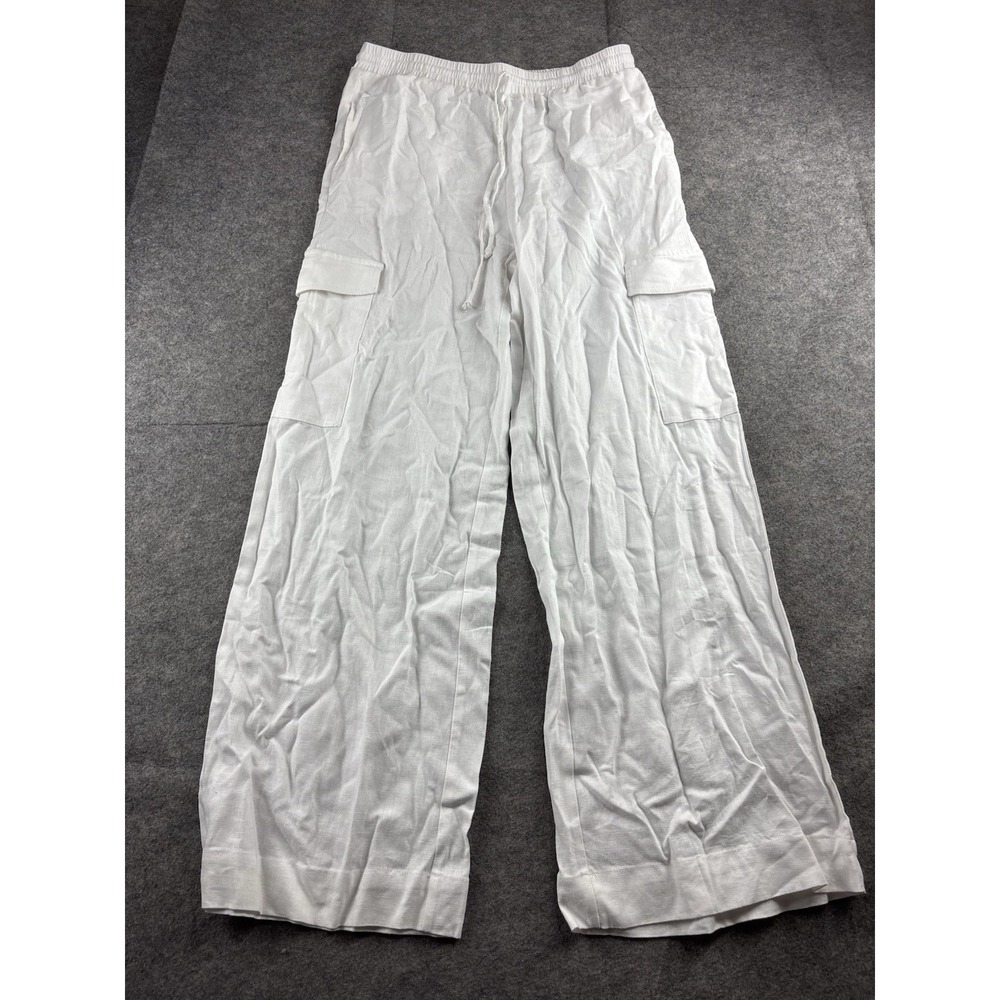 Grey Bandit Linen Blend Drawstring Wide Leg Cargo Pant Womens L Boho Coastal NWT